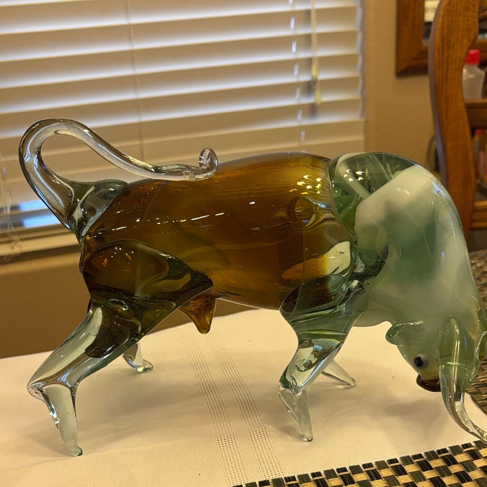 Elegant Glass Bull Sculpture in Amber and Green